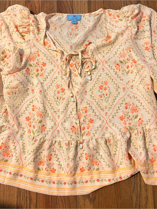 CeCe Tops - CeCe Cream Floral Tie-Front Peasant Blouse